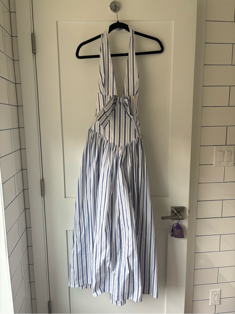 Blue and White Striped Halter Tie-Back Maxi Dress